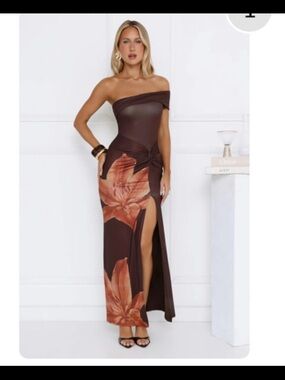 Strapless Brown Floral Maxi Dress with High Side Slit